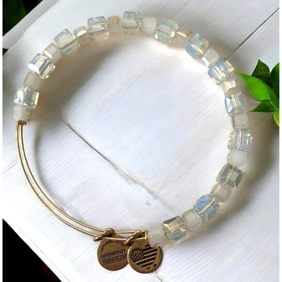 Alex and Ani Gold Tone Charm Bangle With Pearl & Crystal Beads White 2.0"- 3.5" - Picture 1 of 2